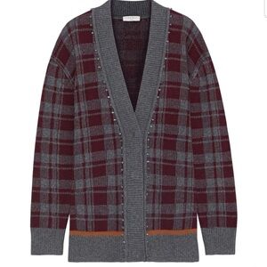 Sandro Women’s Plaid Strass Print V-Neck Cardigan Sweater Gray‎ and 
Burgundy